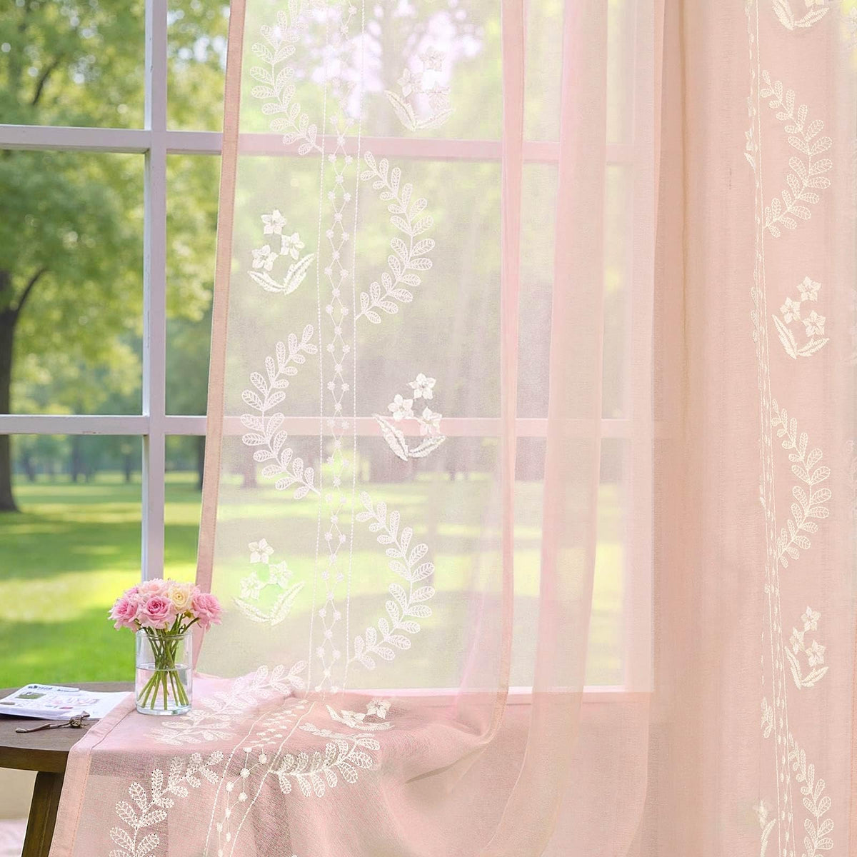 jinchan Floral Sheer Curtains, Back Tab 50x84 Inch, 2 Panels Green
