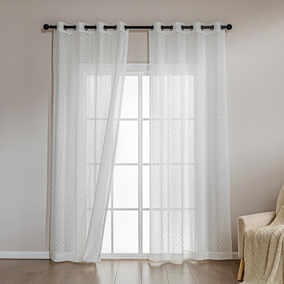 Amazon Basics Lace Sheer Curtains for Living Room and Bedroom, 2-Panel Set with Grommet, 42" W × 63" L, White Cloverleaf