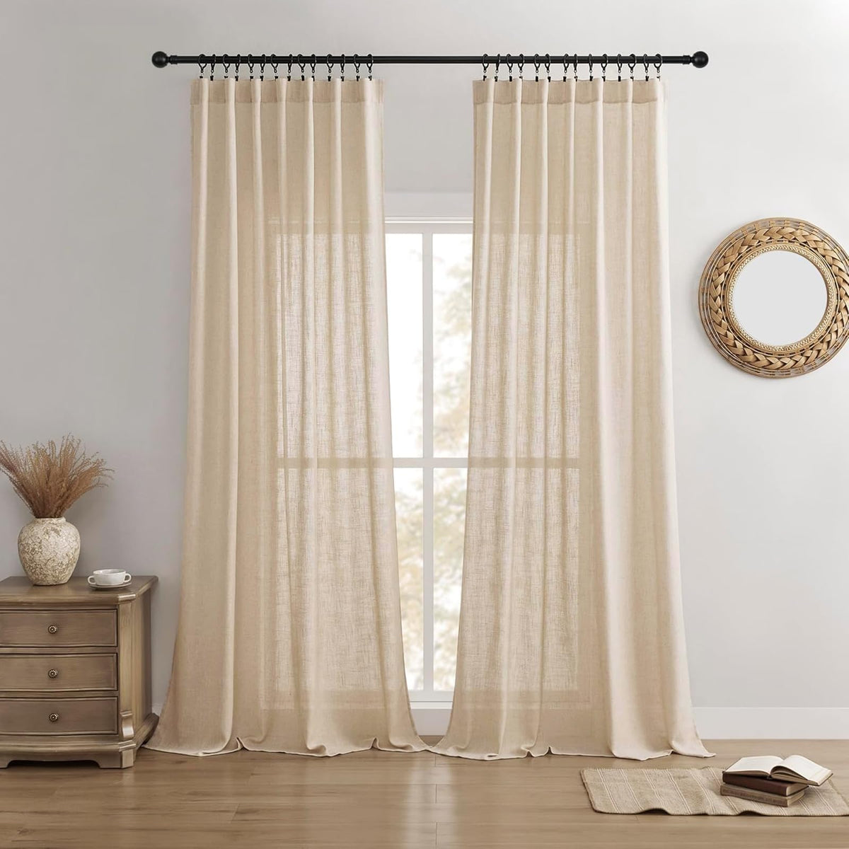Joydeco Linen Curtains for Living Room,Light Filtering Rod Pocket Back Tab Semi Sheer Drapes Window Long Curtains 90 inches Long Ivory