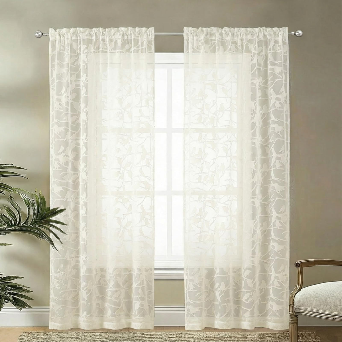 OVZME Sage Green Sheer Curtains 63 Inch Length 2 Panel Set, Light Filtering Bedroom Curtains with Dual Rod Pocket Top, Leaf Bird Clip Jacquard Sheer Farmhouse Window Drapes for Living Room, 2x38Wx63L