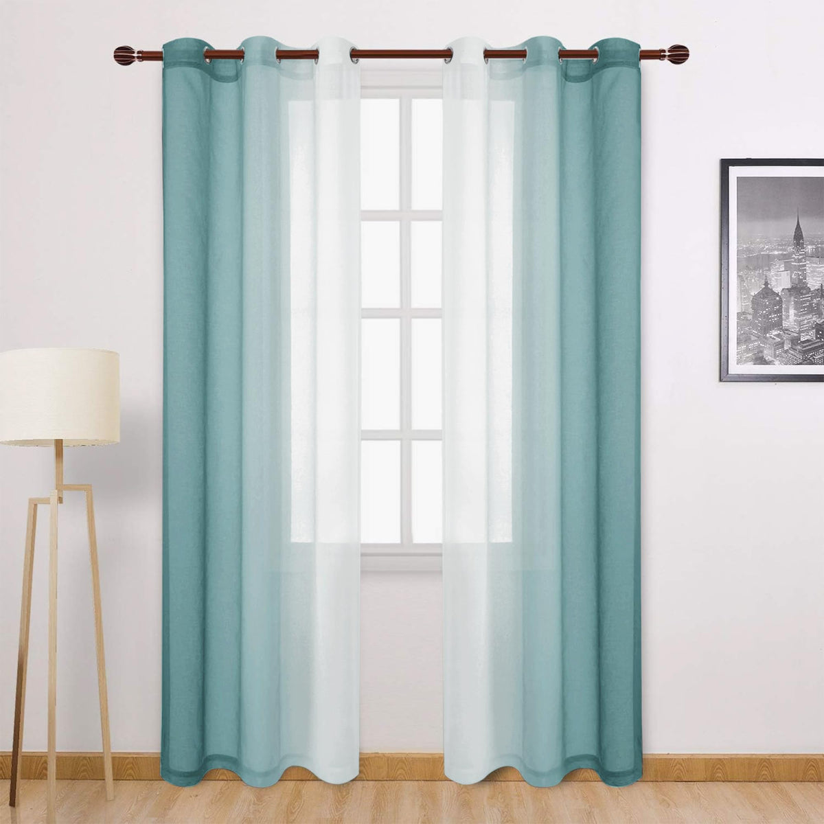 DWCN Blue Linen Ombre Sheer Curtains - Semi Voile Gradient Grommet Top Curtains for Bedroom and Living Room, Set of 2 Window Curtain Panels, 52 x 84 Inches Long, Denim Blue