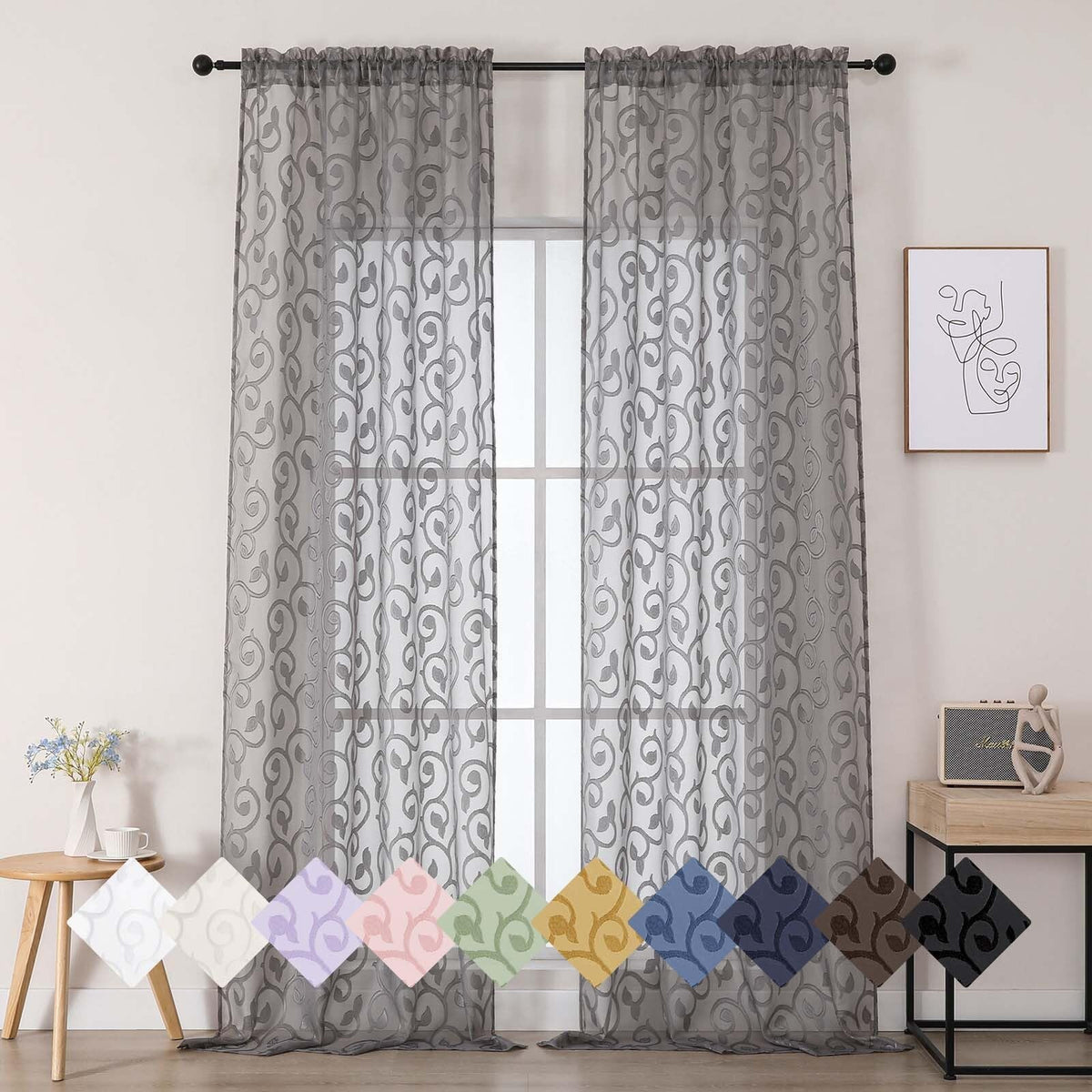 Dusty Blue Sheer Curtains for Bedroom Living Room 72 Inches Long 2 Panels Set, Soft Airy Geometric Jacquard Clip Curtains Drapes, Modern Rod Pocket Door Curtain, 2Pcs Each 42" Wx72 L Inch