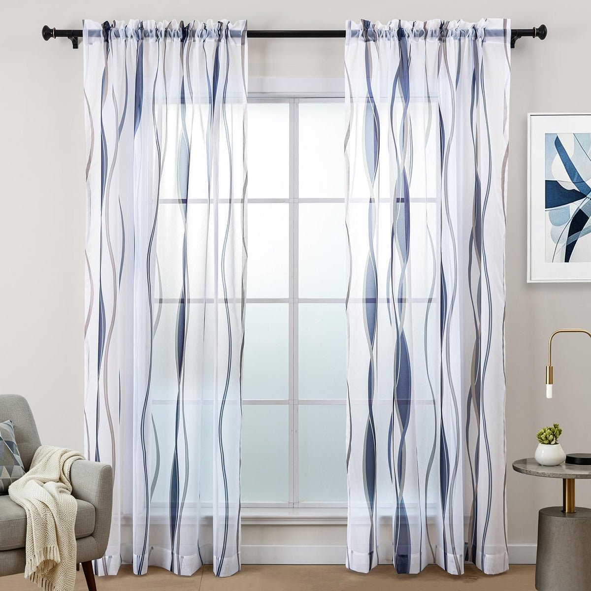 L.Z.E White and Teal Sheer Curtains 84 Inches Long, Light Filtering Elegant Patterned Curtains with Design for Living Room Bedroom Dining Room, Lightweight Window Drapes, Grommet Top 2 Panels Set