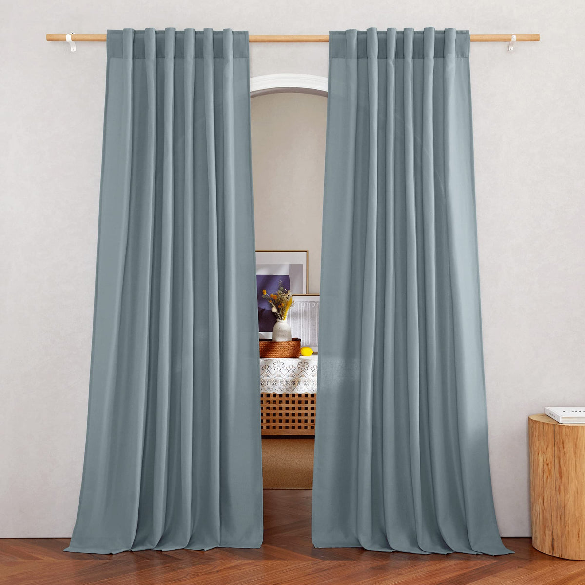 NICETOWN Natural Linen Curtains & Drapes for Windows 84 inch Long, Rod Pocket & Back Tab Thick Flax Semi Sheer Privacy Assured with Light Filtering for Bedroom/Living Room, W55 x L84, 2 Pieces