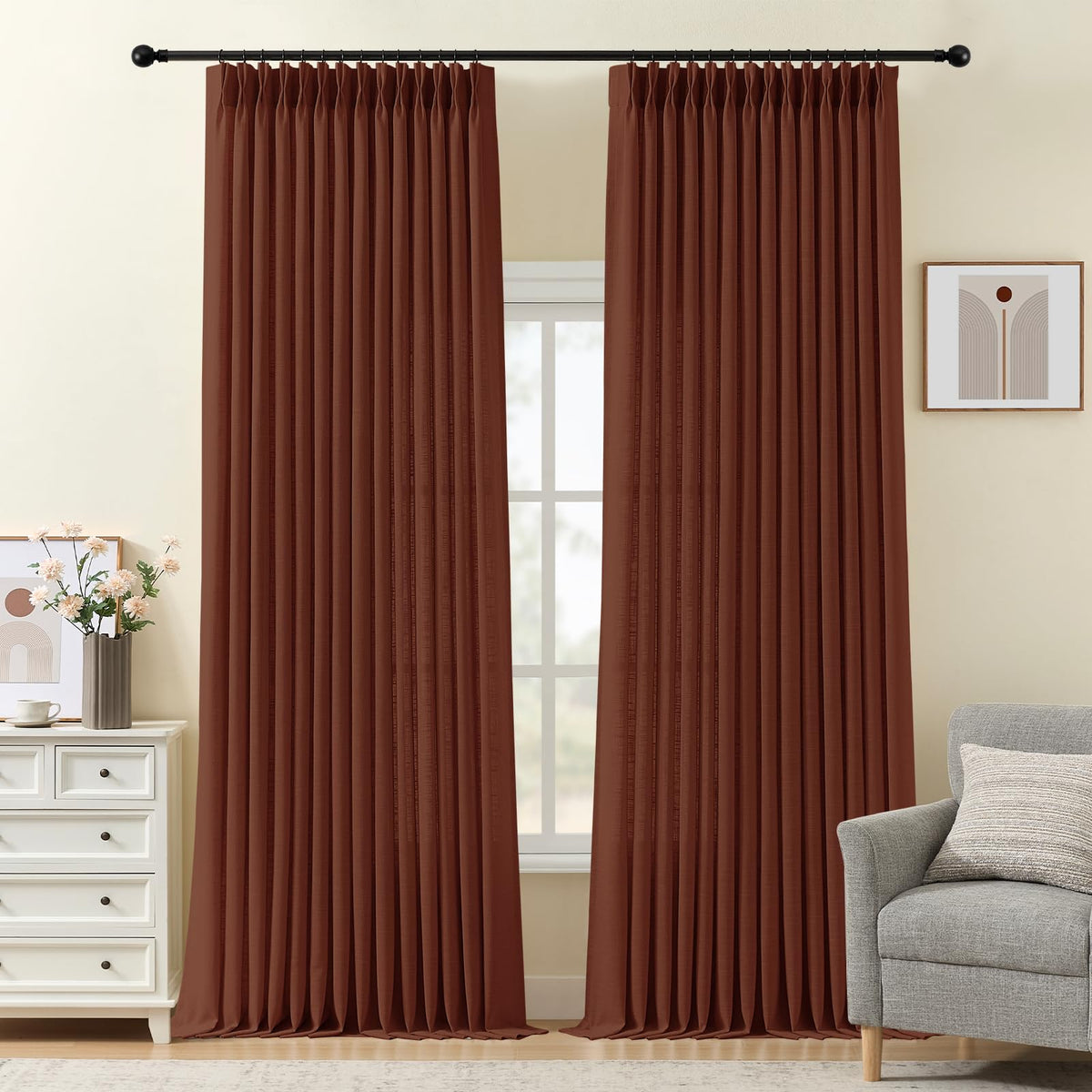 Pinch Pleated Linen Curtains 96 Inches Semi Sheer Light Filtering, 2 Panels