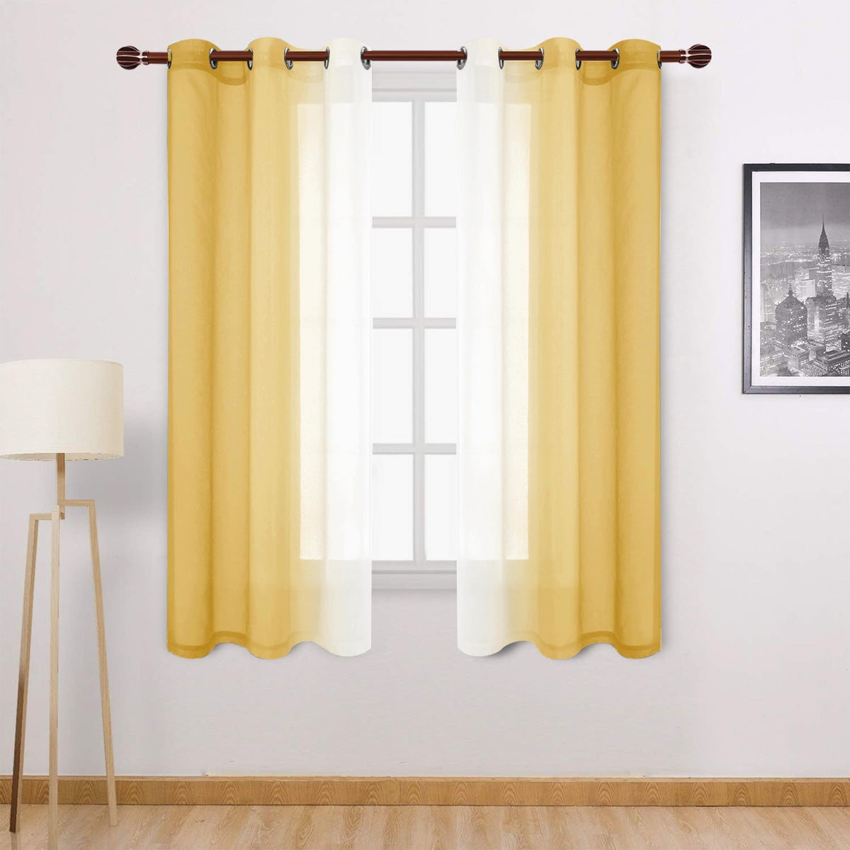 DWCN Blue Linen Ombre Sheer Curtains - Semi Voile Gradient Grommet Top Curtains for Bedroom and Living Room, Set of 2 Window Curtain Panels, 52 x 84 Inches Long, Denim Blue