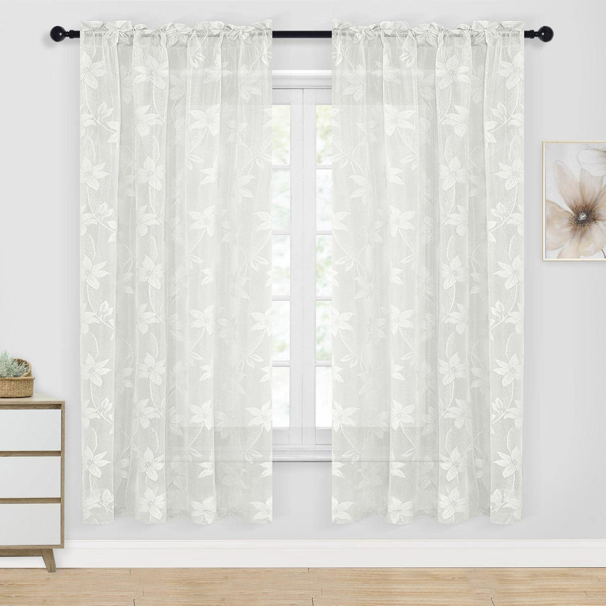 DWCN White Sheer Curtains - Short Curtains Floral Lace Design Rod Pocket Window Voile Sheer Drapes for Bedroom Kitchen Small Window 42 x 54 inch Length, 2 Panels White