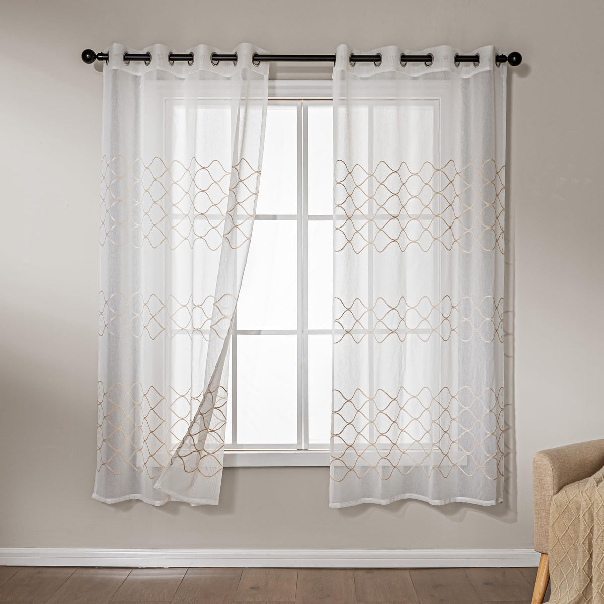 Amazon Basics Lace Sheer Curtains for Living Room and Bedroom, 2-Panel Set with Grommet, 42" W × 63" L, White Cloverleaf
