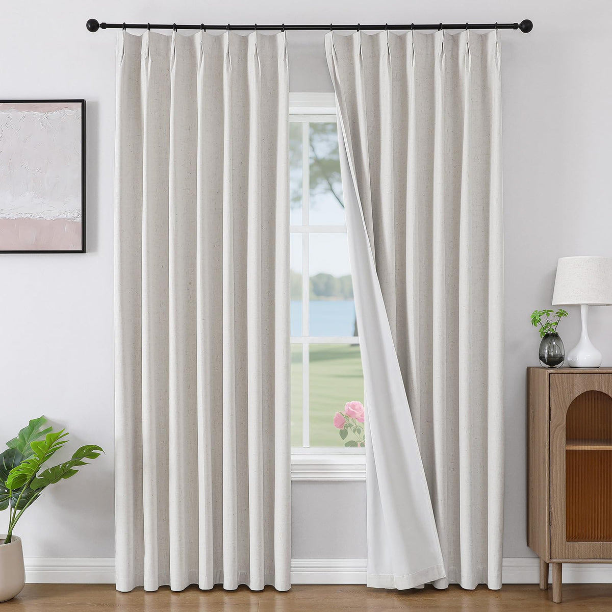 Joydeco Linen Curtains for Living Room,Light Filtering Rod Pocket Back Tab Semi Sheer Drapes Window Long Curtains 90 inches Long Ivory