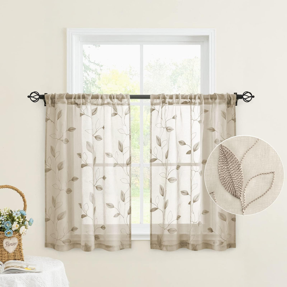 HOMEIDEAS Sage Green Sheer Curtains Leaf Embroidered, 52x84 Inch, 2 Panels
