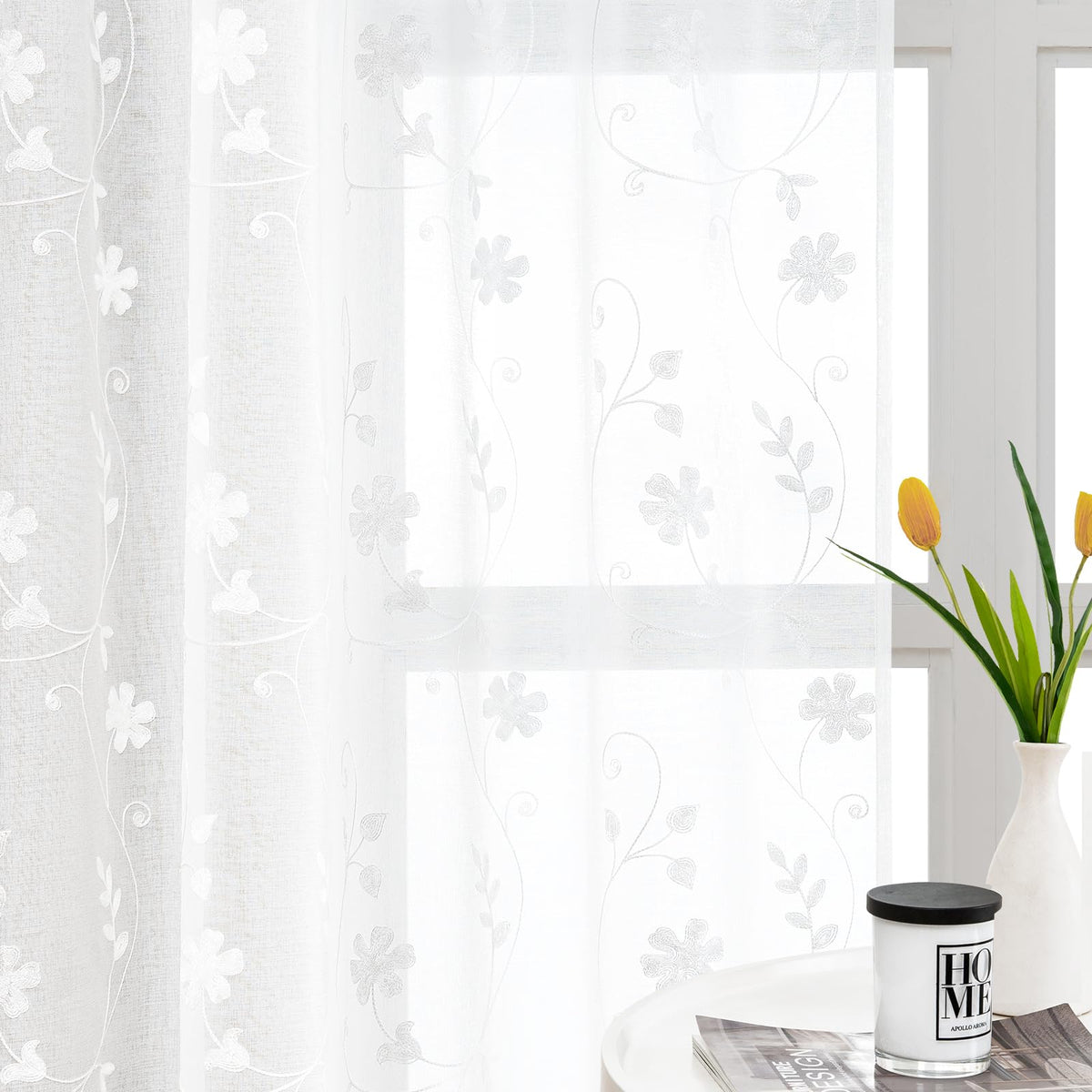 HOMEIDEAS Sage Green Sheer Curtains Leaf Embroidered, 52x84 Inch, 2 Panels