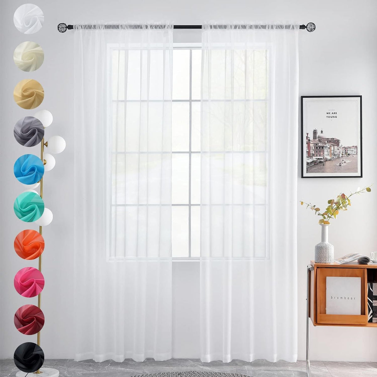 youleyar Solid Sheer Rod Pocket Curtain Voile Draperies 2 Panels White Beige Black Grey Coffee 52 Inch Width 84 Inch Long 1 Pair for Kitchen Bedroom Children Living Room Yard (Orange,52Wｘ84L)