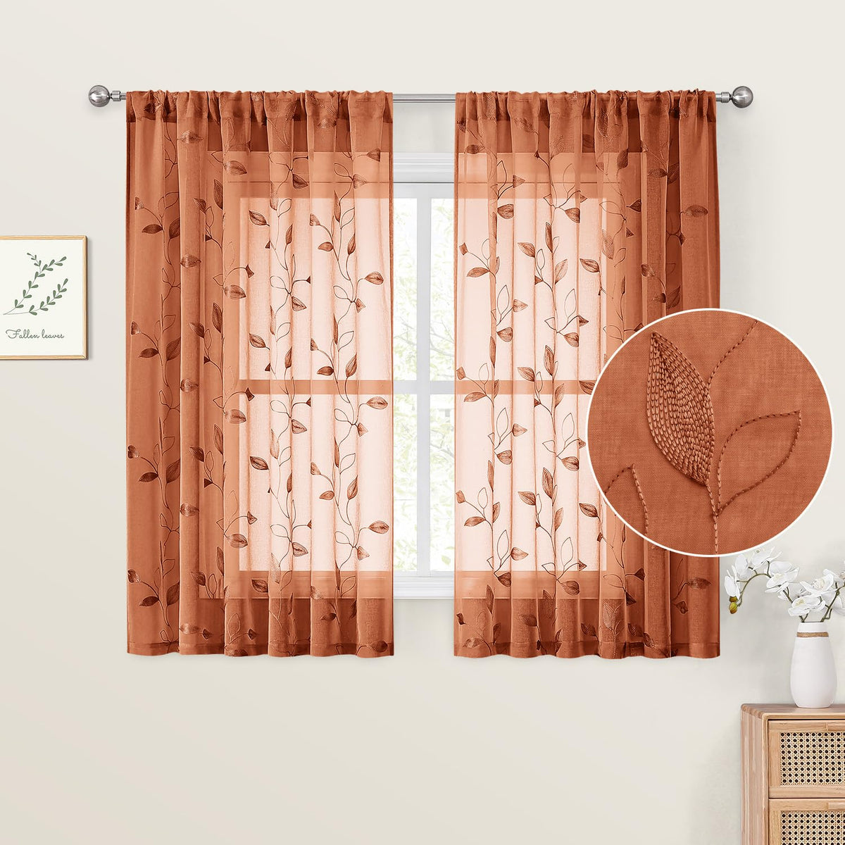 HOMEIDEAS Sage Green Sheer Curtains Leaf Embroidered, 52x84 Inch, 2 Panels