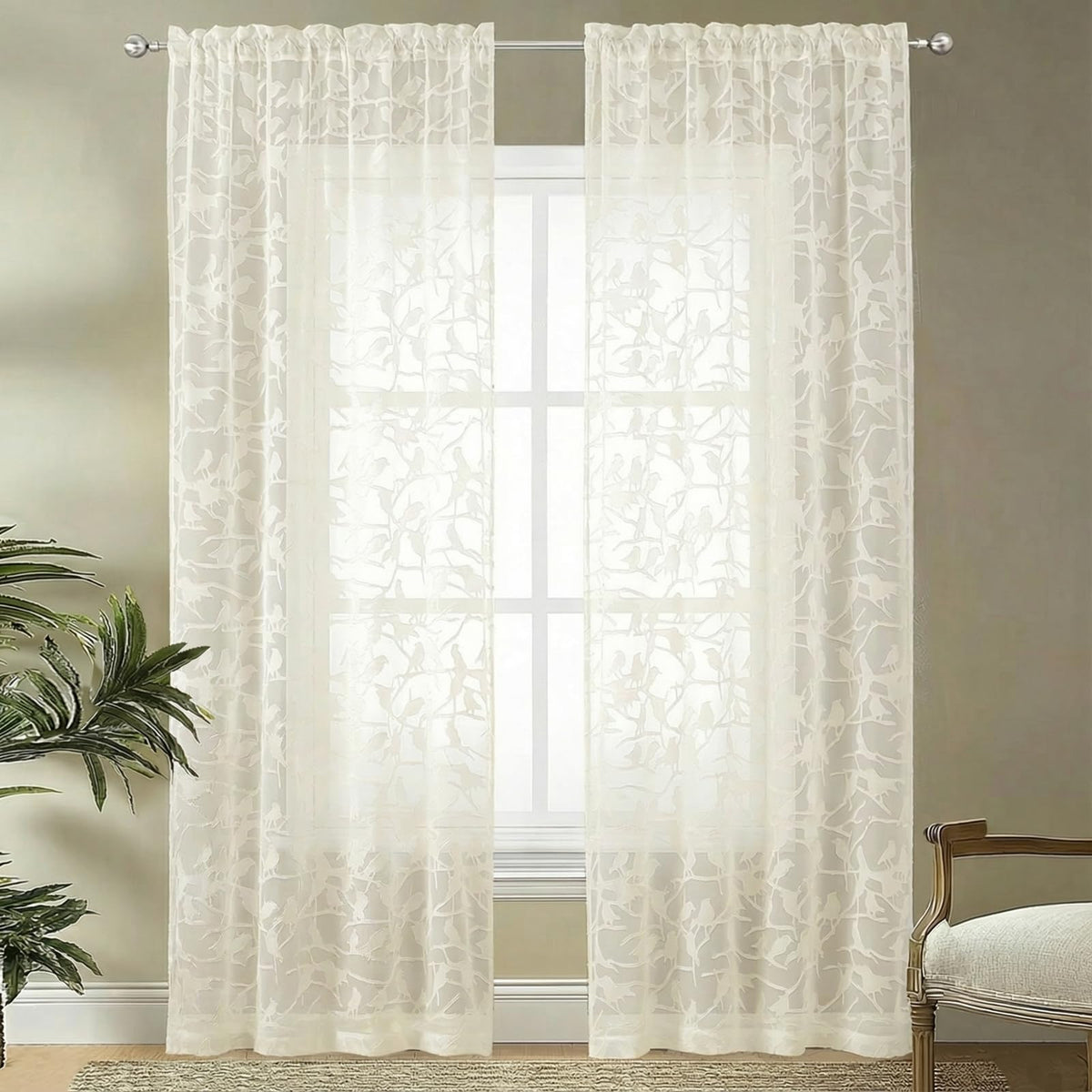 OVZME Sage Green Sheer Curtains 63 Inch Length 2 Panel Set, Light Filtering Bedroom Curtains with Dual Rod Pocket Top, Leaf Bird Clip Jacquard Sheer Farmhouse Window Drapes for Living Room, 2x38Wx63L