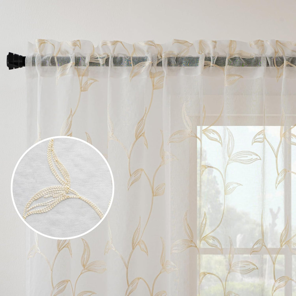 VISIONTEX Sheer Curtains Boho Leaf Floral Embroidered Cream Beige 54Wx84L