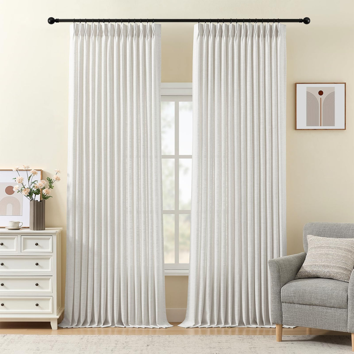 Pinch Pleated Linen Curtains 96 Inches Semi Sheer Light Filtering, 2 Panels
