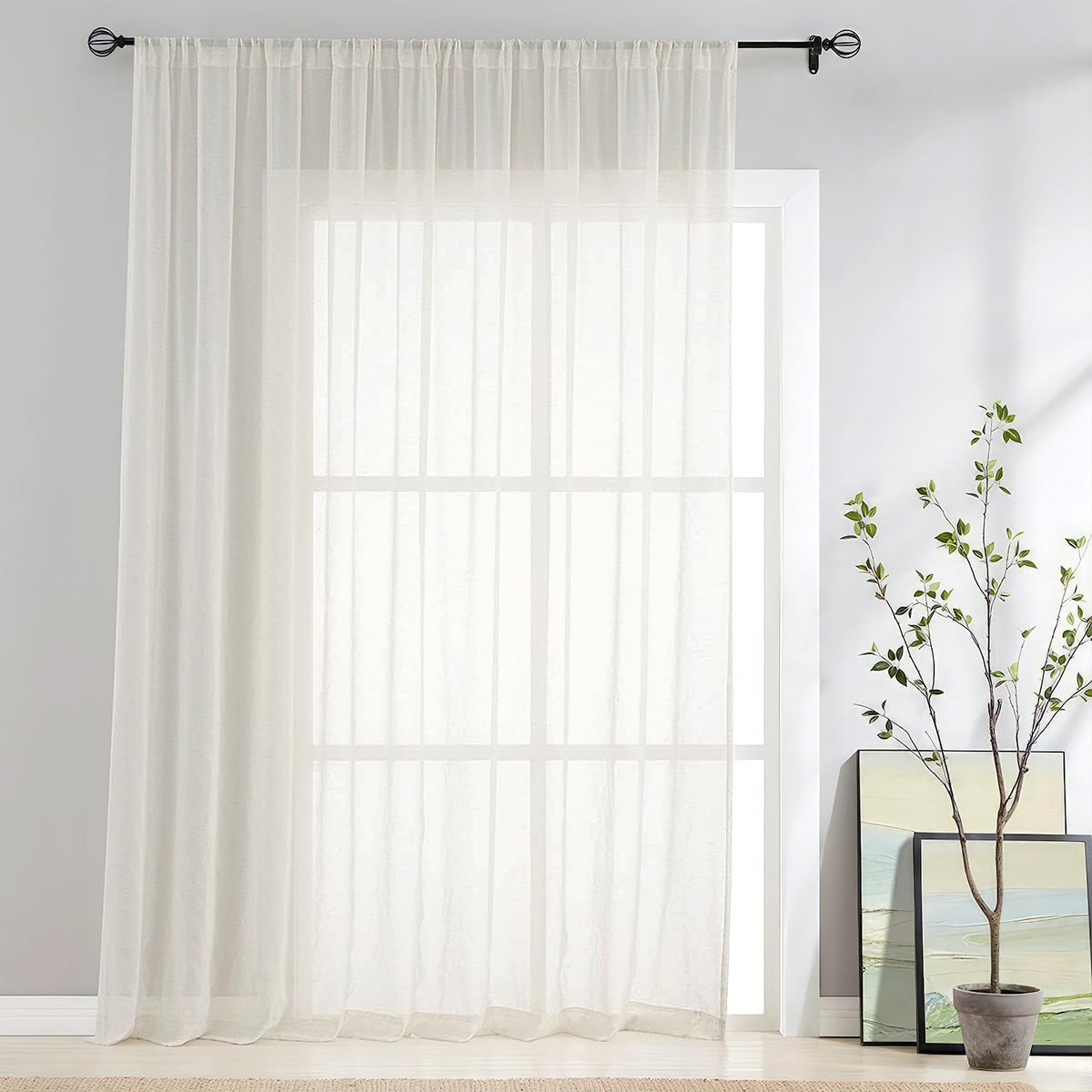 FMFUNCTEX Beige Linen Pinch Pleated Sheer Curtains, 96 Inches, 2 Panels