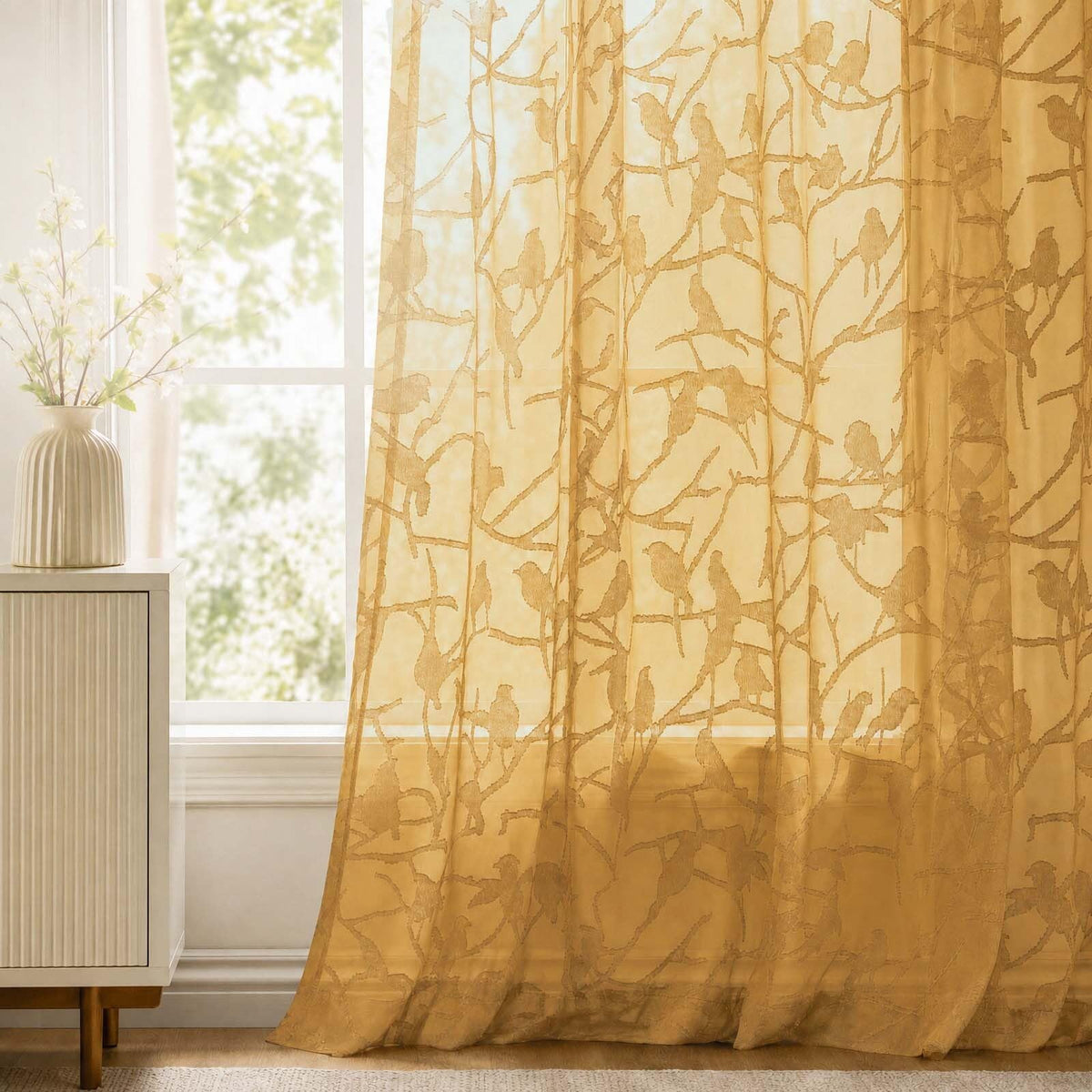 OVZME Sage Green Sheer Curtains 63 Inch Length 2 Panel Set, Light Filtering Bedroom Curtains with Dual Rod Pocket Top, Leaf Bird Clip Jacquard Sheer Farmhouse Window Drapes for Living Room, 2x38Wx63L