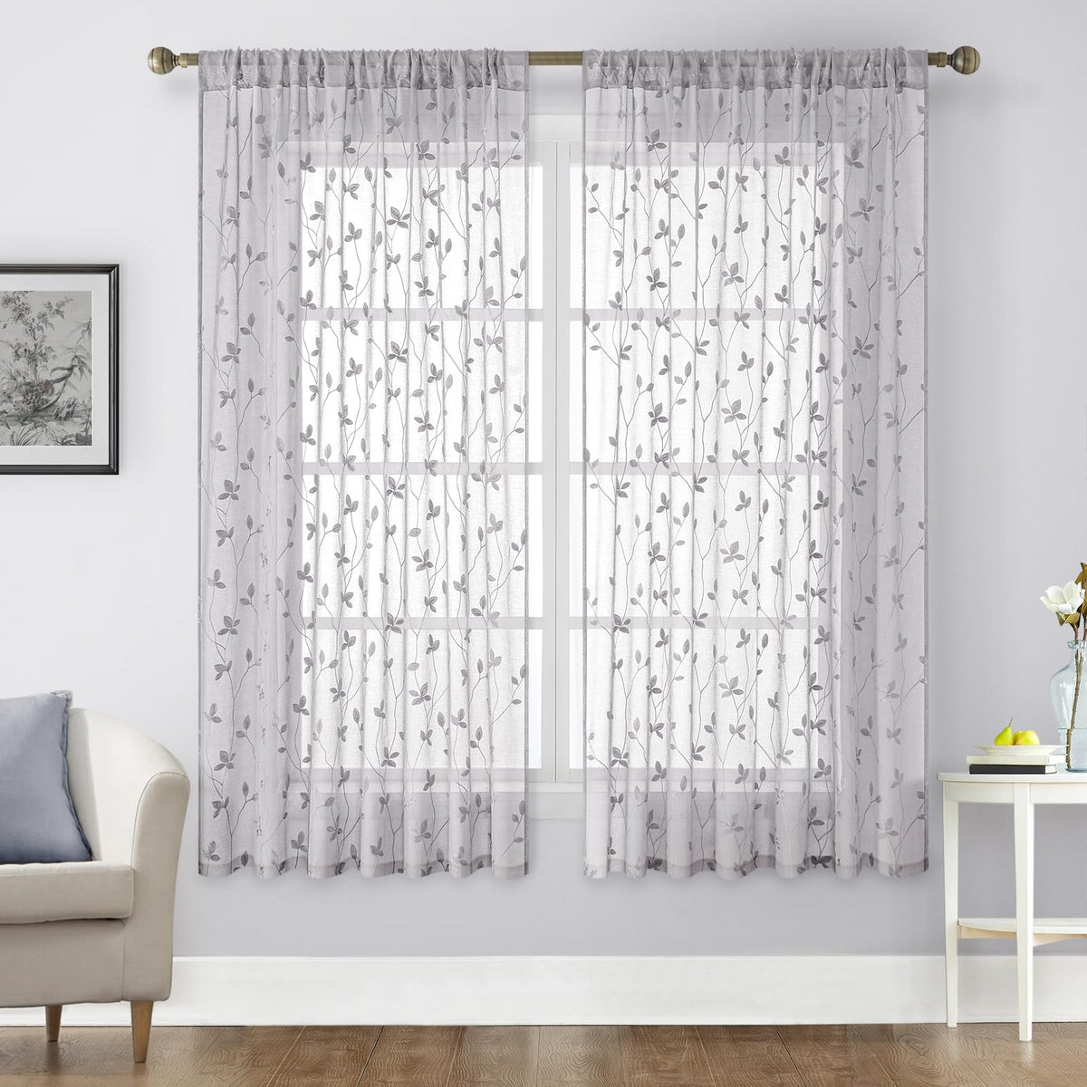 HOMEIDEAS Sage Green Sheer Curtains Leaf Embroidered, 52x84 Inch, 2 Panels