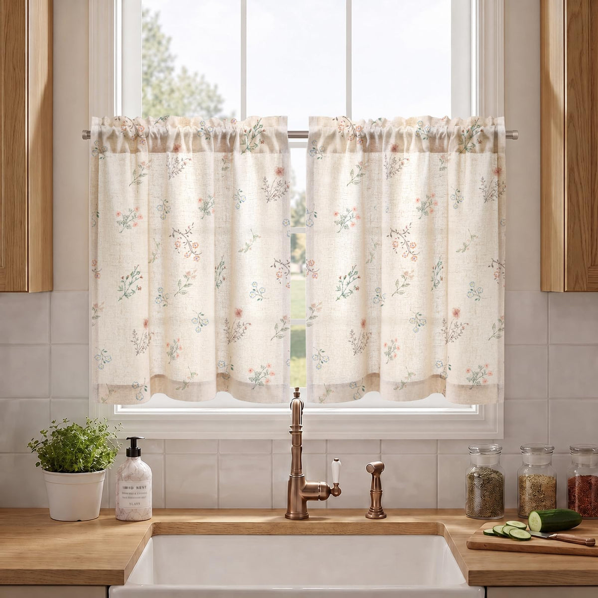 Boho Floral Light Filtering Curtains 84 Inch 2 Panels Linen Texture