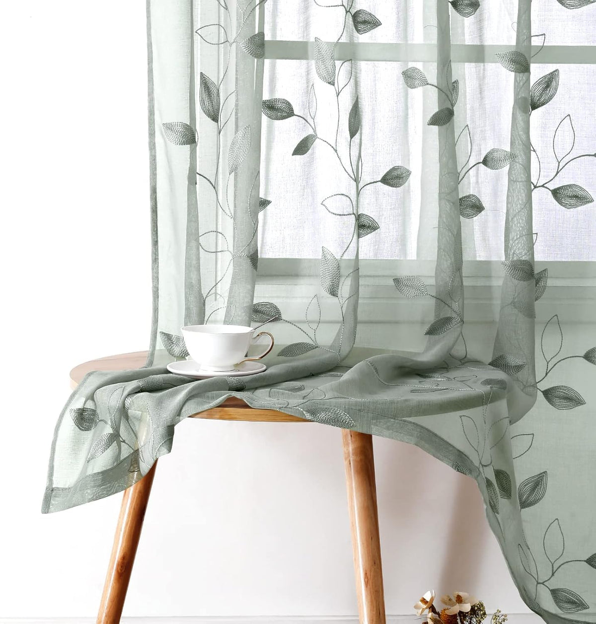 HOMEIDEAS Sage Green Sheer Curtains Leaf Embroidered, 52x84 Inch, 2 Panels