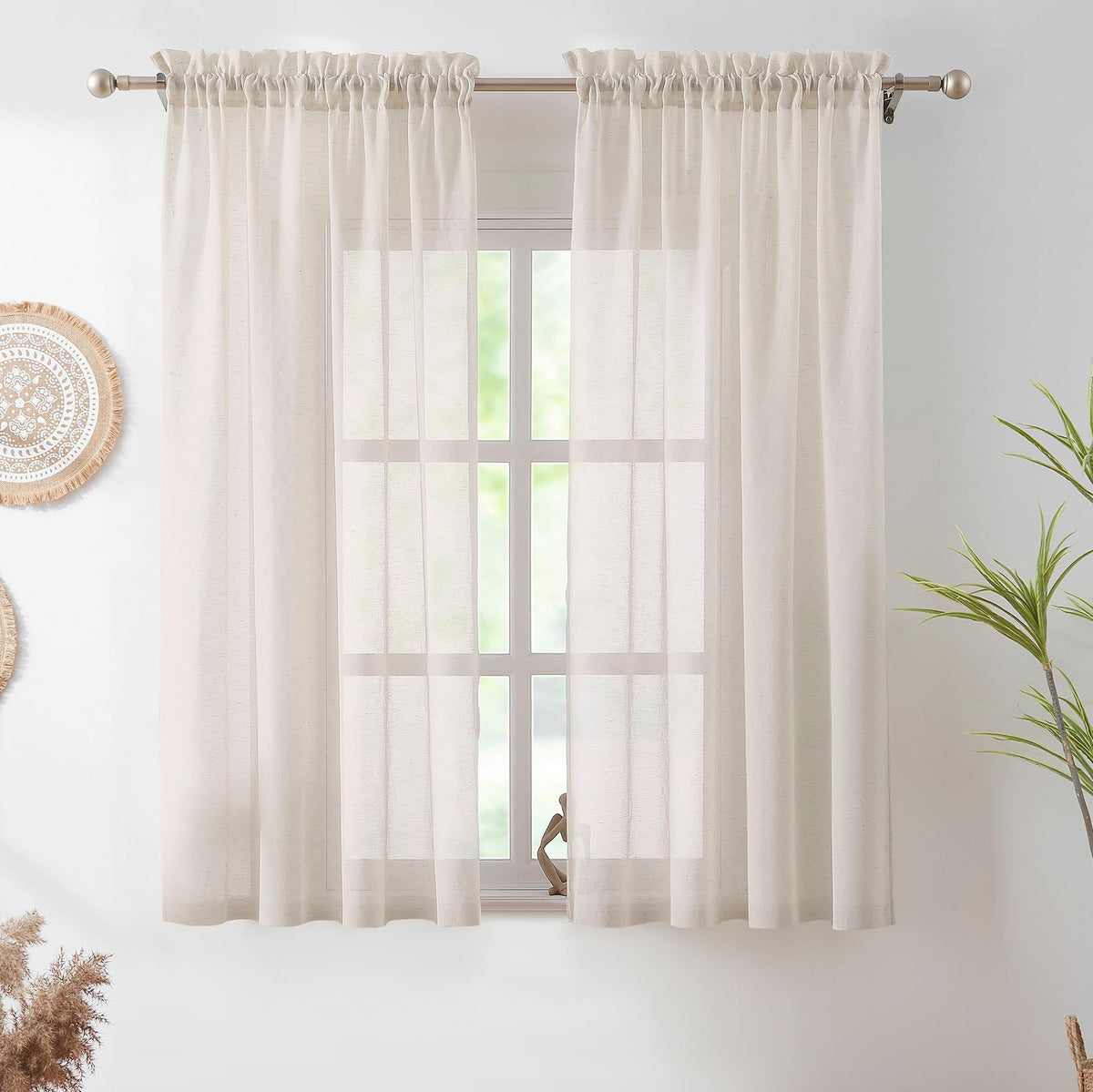 Flax Sheer Linen Curtains for Living Room 52"x84" 2pk Beige Natural White