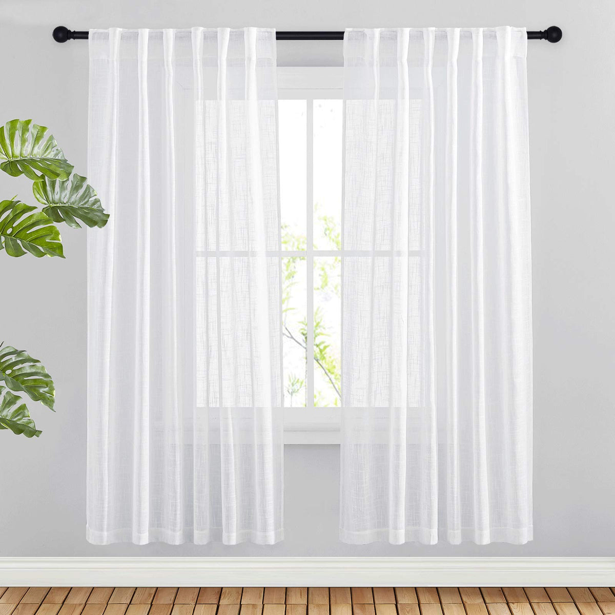 NICETOWN White Linen Sheer Curtains and Drapes 84 inches Long, Rod Pocket & Back Tab semitransparent with Light Through Vertical Window Treatments for Sliding Glass Door & Living Room, 52"W, Set of 2