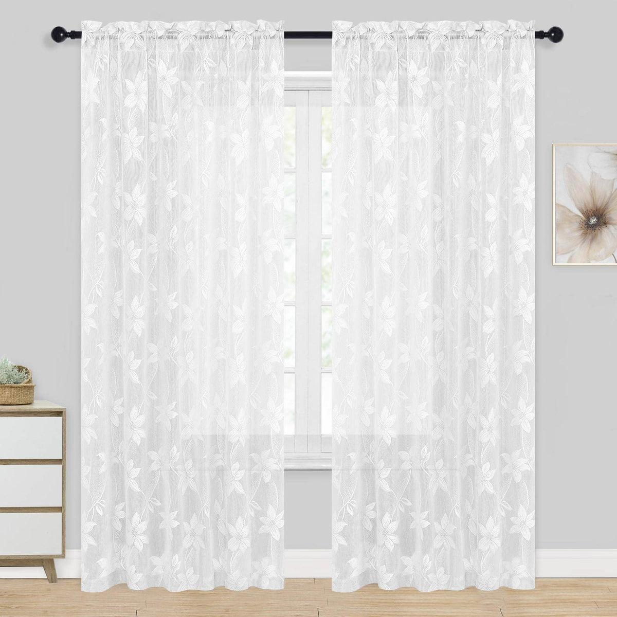 DWCN White Sheer Curtains - Short Curtains Floral Lace Design Rod Pocket Window Voile Sheer Drapes for Bedroom Kitchen Small Window 42 x 54 inch Length, 2 Panels White