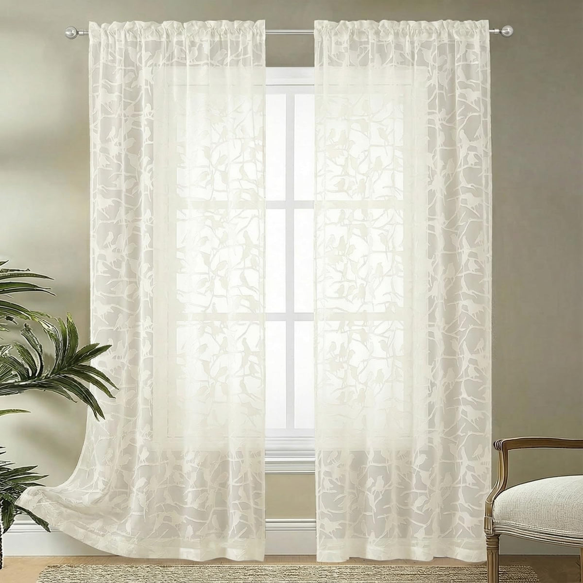 OVZME Sage Green Sheer Curtains 63 Inch Length 2 Panel Set, Light Filtering Bedroom Curtains with Dual Rod Pocket Top, Leaf Bird Clip Jacquard Sheer Farmhouse Window Drapes for Living Room, 2x38Wx63L