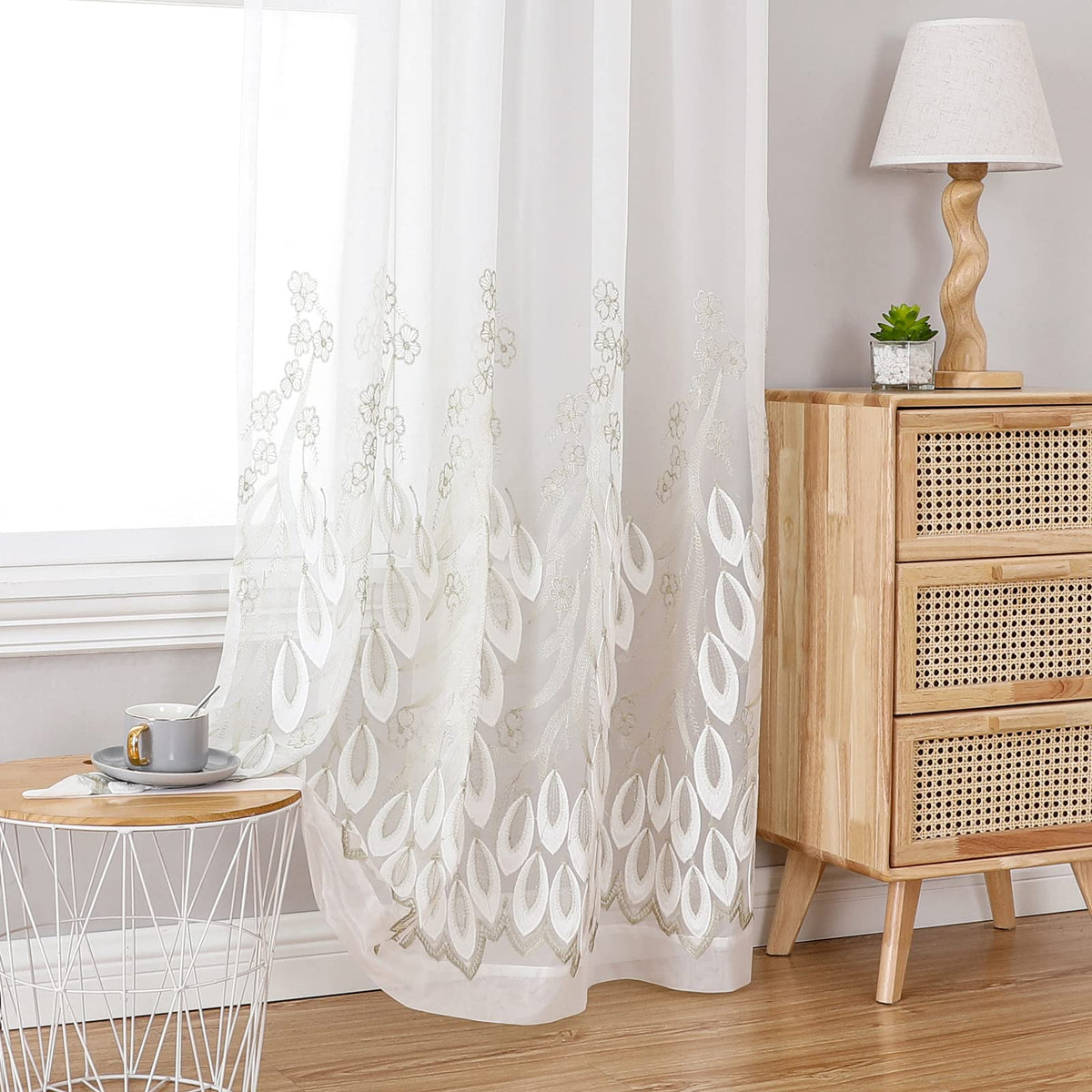 VISIONTEX Sheer Curtains Boho Leaf Floral Embroidered Cream Beige 54Wx84L