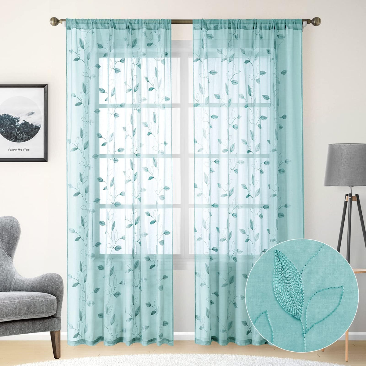 HOMEIDEAS Sage Green Sheer Curtains Leaf Embroidered, 52x84 Inch, 2 Panels