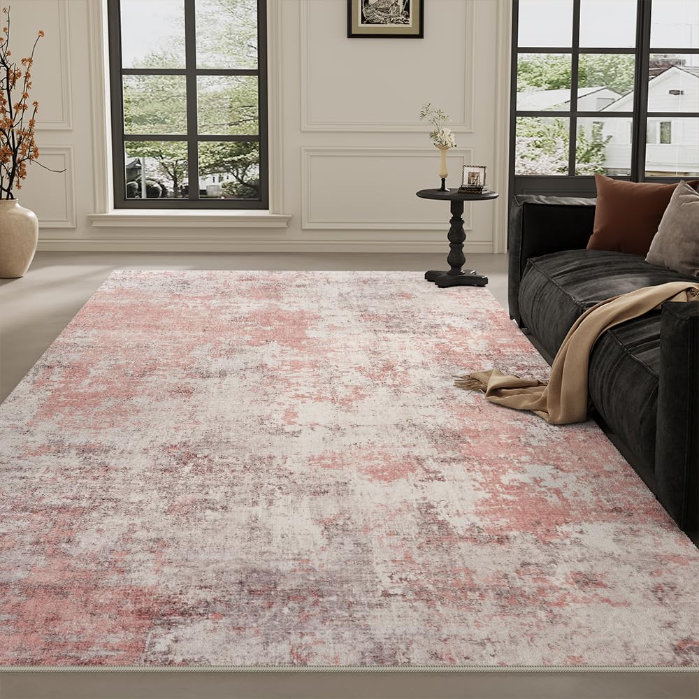 8x10 Pink Gray Washable Area Rug for Living Room, Vintage Print