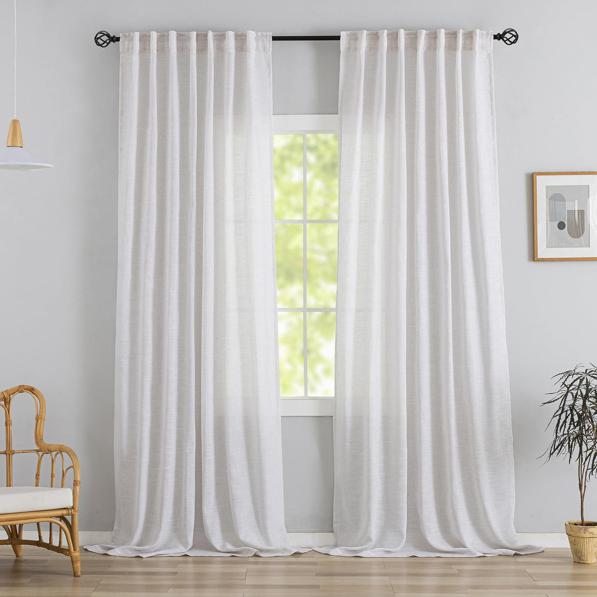 Natural Linen 144 Inch Length Curtains for Tall Floor Ceiling Villa Living Room -Cream Ivory Bak Tab Hooks Pleated Easy Open Sliding Semi Sheer 144 inch Extra Long 2 Story Window Curtains,12 Foot