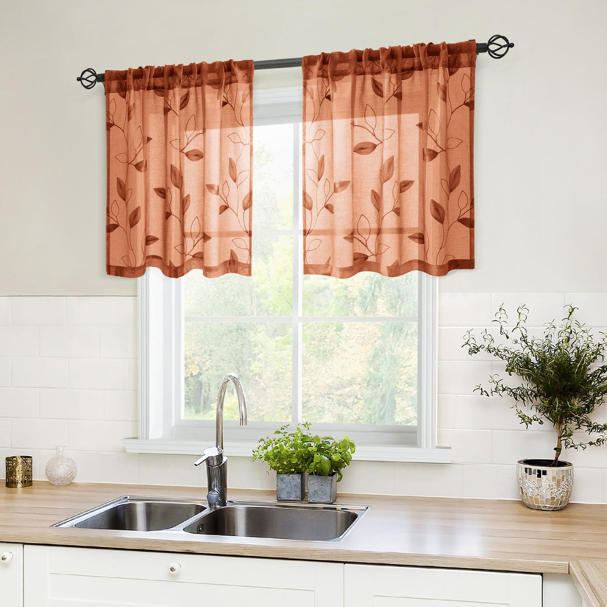 HOMEIDEAS Sage Green Sheer Curtains Leaf Embroidered, 52x84 Inch, 2 Panels