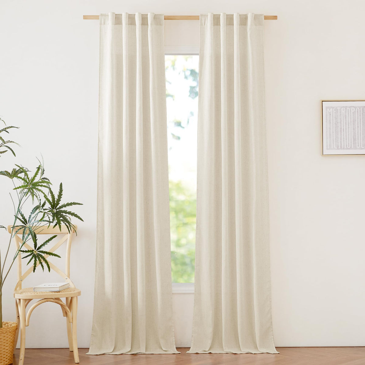 NICETOWN Natural Linen Curtains & Drapes for Windows 84 inch Long, Rod Pocket & Back Tab Thick Flax Semi Sheer Privacy Assured with Light Filtering for Bedroom/Living Room, W55 x L84, 2 Pieces