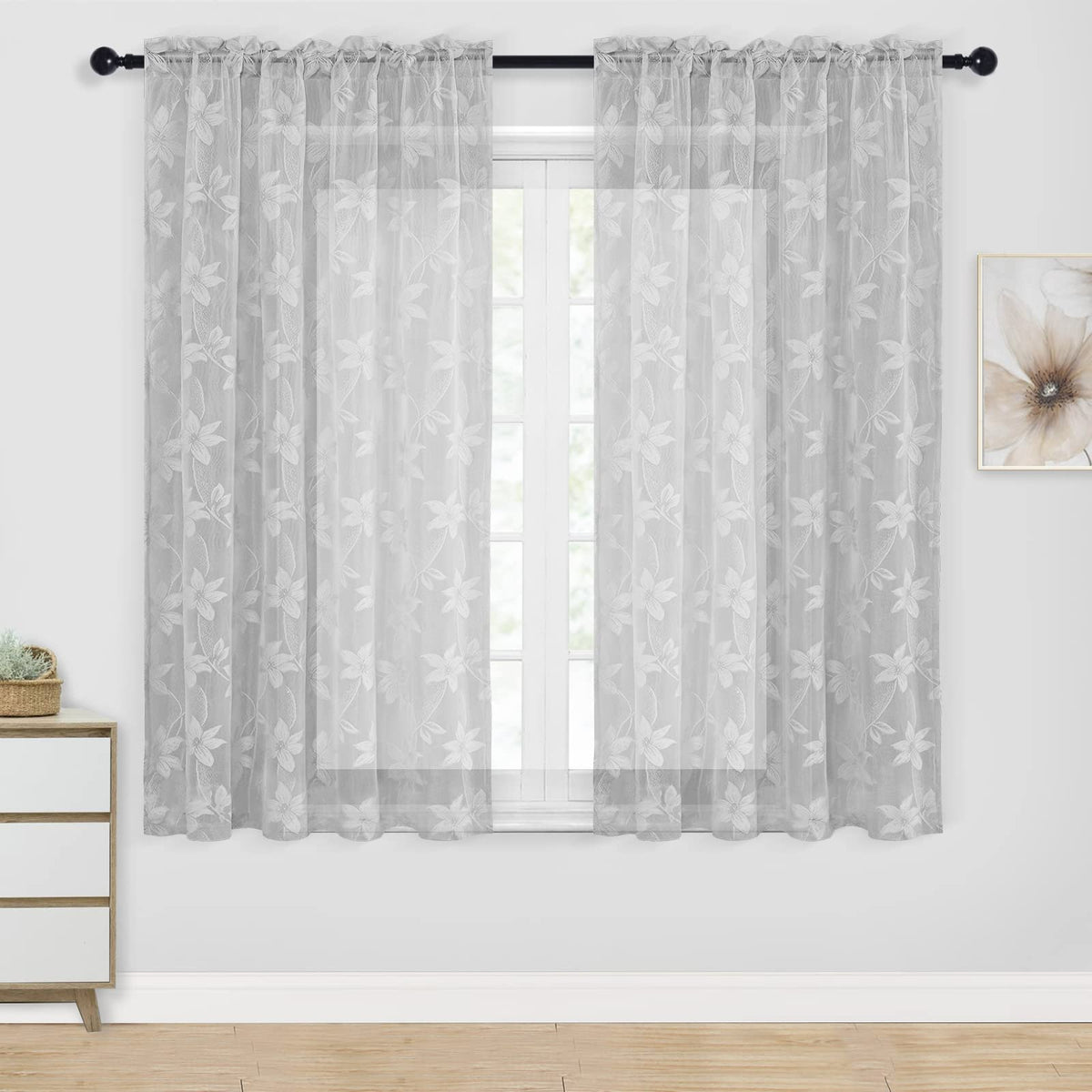 DWCN White Sheer Curtains - Short Curtains Floral Lace Design Rod Pocket Window Voile Sheer Drapes for Bedroom Kitchen Small Window 42 x 54 inch Length, 2 Panels White