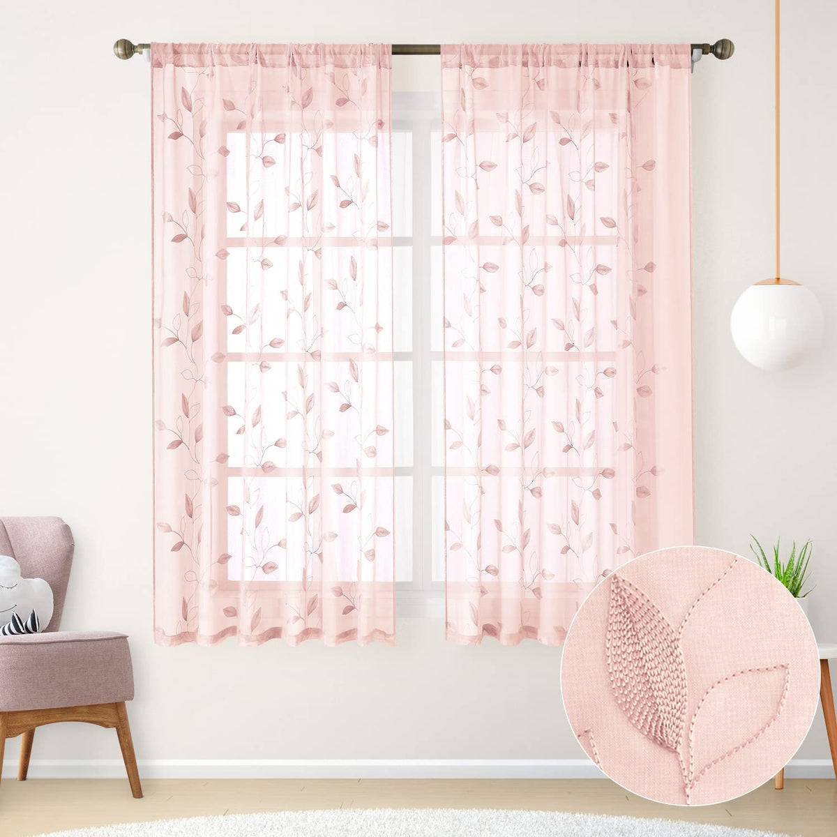 HOMEIDEAS Sage Green Sheer Curtains Leaf Embroidered, 52x84 Inch, 2 Panels