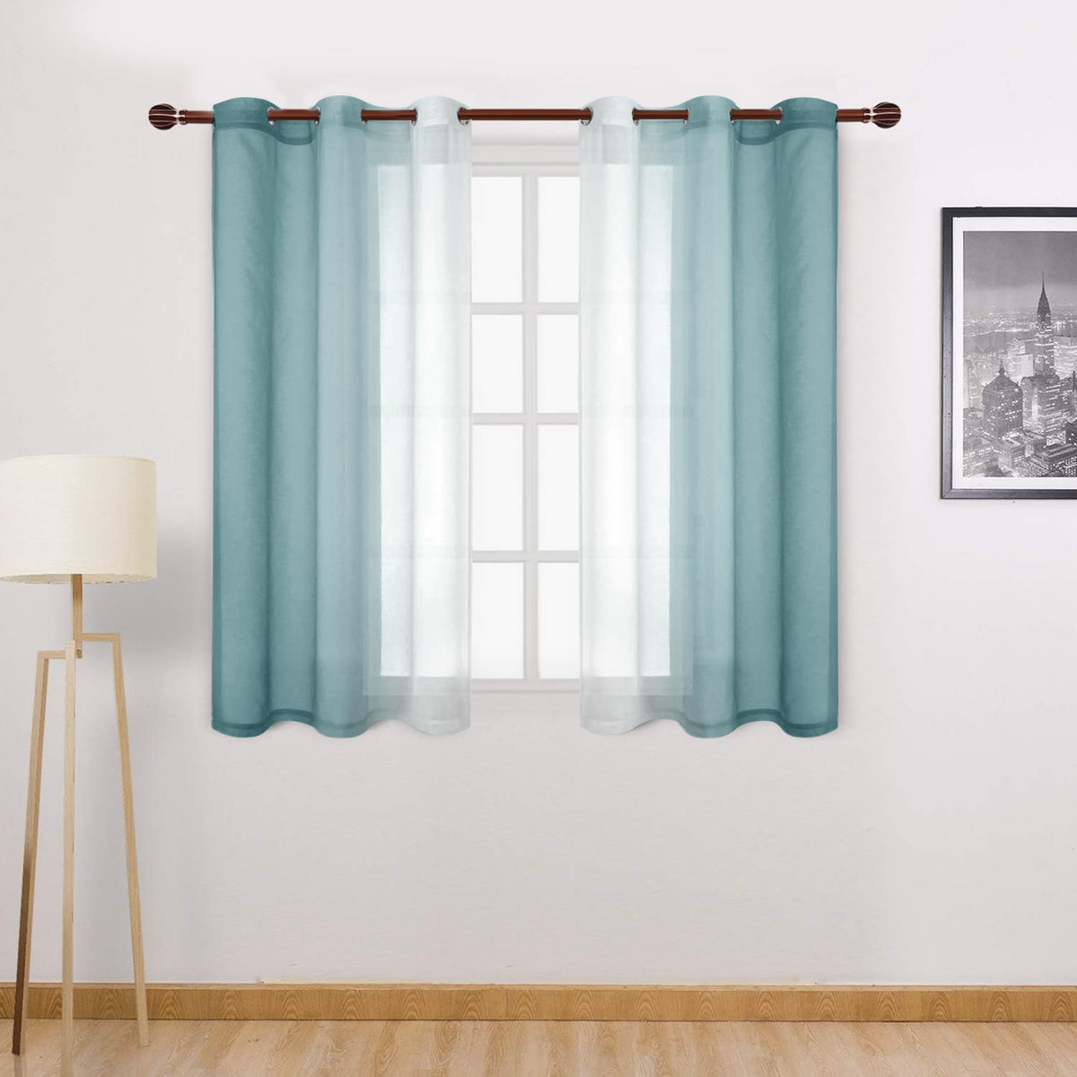 DWCN Blue Linen Ombre Sheer Curtains - Semi Voile Gradient Grommet Top Curtains for Bedroom and Living Room, Set of 2 Window Curtain Panels, 52 x 84 Inches Long, Denim Blue