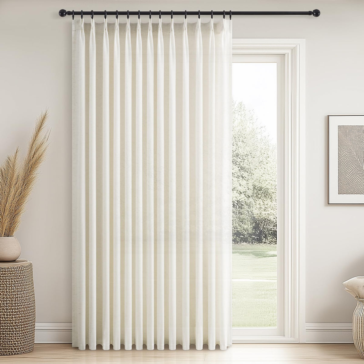 96 Inches Long Pinch Pleated Semi Sheer Curtains,Natural Linen Blended Light Filtering Window Curtains 96 Length 2 Panels for Living Room Bedroom Pinch Pleat Drapes with Hooks 2 Panels 40" Wx96 L