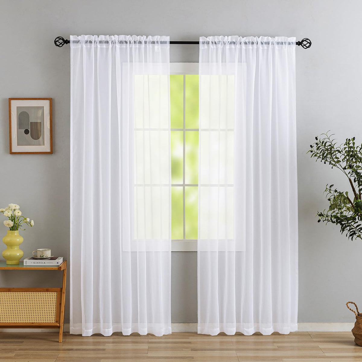 MYSTIC-HOME Sheer Curtains White 63 Inch Length, Rod Pocket Voile Drapes for Living Room, Bedroom, Window Treatments Semi Crinkle Curtain Panels for Yard, Patio, Villa, Parlor, Set of 2, 52"x 63"