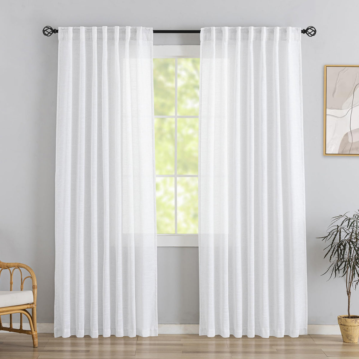 Natural Linen 144 Inch Length Curtains for Tall Floor Ceiling Villa Living Room -Cream Ivory Bak Tab Hooks Pleated Easy Open Sliding Semi Sheer 144 inch Extra Long 2 Story Window Curtains,12 Foot