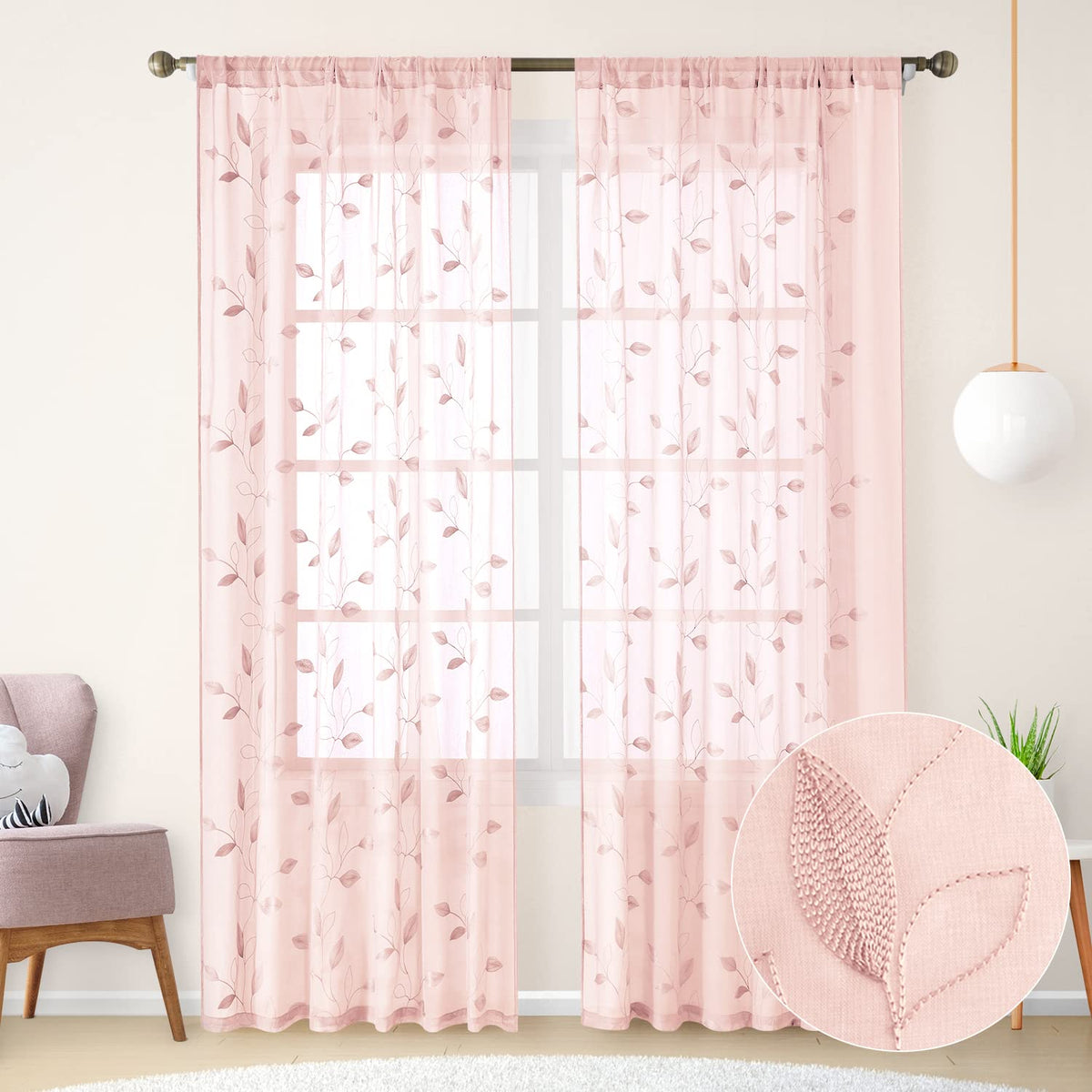 HOMEIDEAS Sage Green Sheer Curtains Leaf Embroidered, 52x84 Inch, 2 Panels
