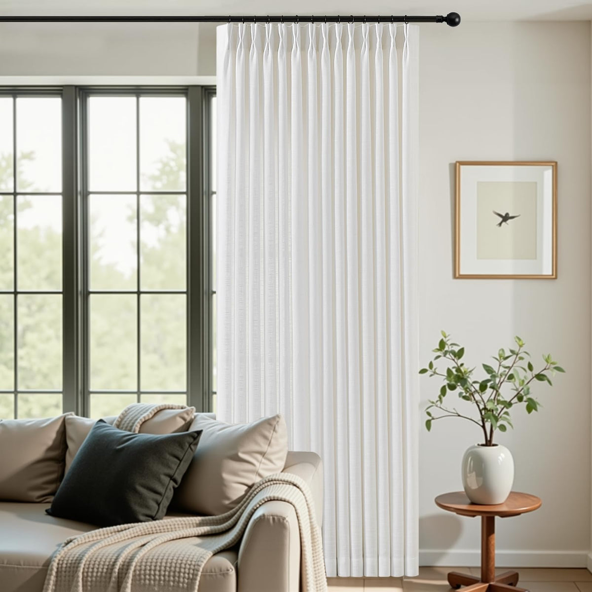 Pinch Pleated Linen Curtains 96 Inches Semi Sheer Light Filtering, 2 Panels