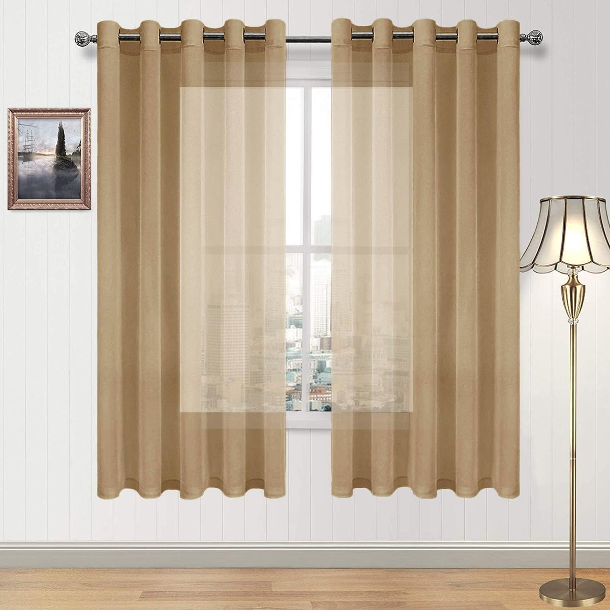 DWCN White Sheer Curtains Linen Look Semi Transparent Voile Grommet White Curtains for Living Dining Room Drapes 52 x 84 Inch Long, Set of 2 Panels