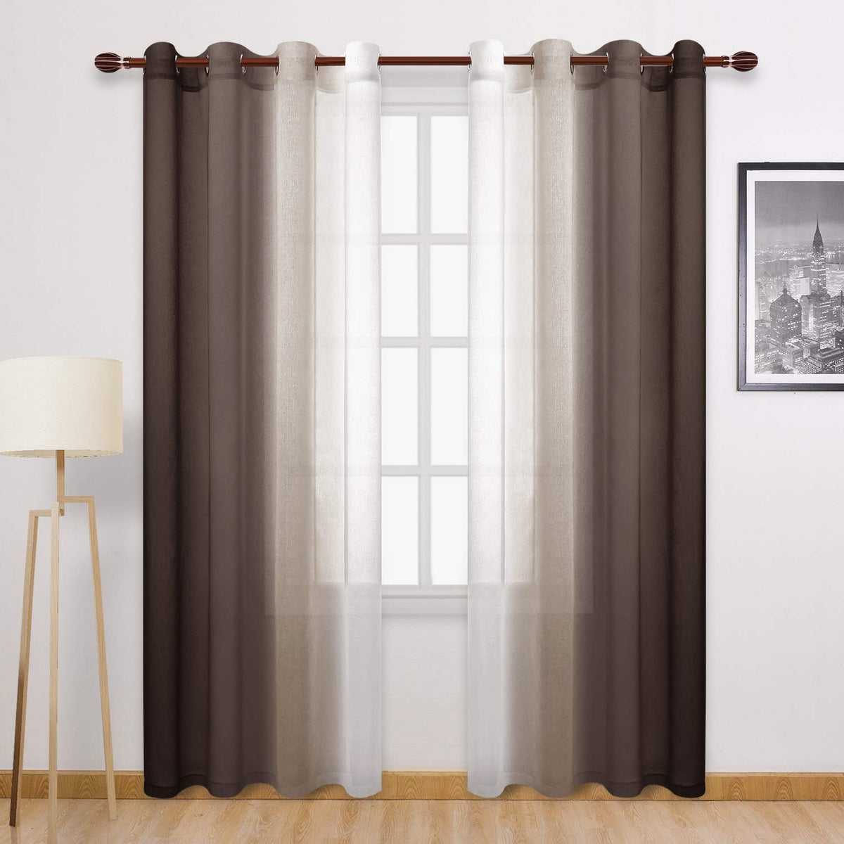 DWCN Blue Linen Ombre Sheer Curtains - Semi Voile Gradient Grommet Top Curtains for Bedroom and Living Room, Set of 2 Window Curtain Panels, 52 x 84 Inches Long, Denim Blue