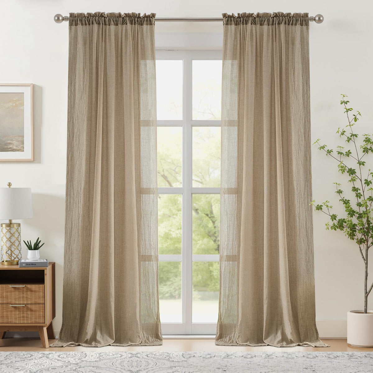 Melodieux Blush Pink Cotton Sheer Curtains 84 Inches Long, Bedroom Living Room Natural Light Filtering Crepe Voile Drapes Rustic Crinkle Linen Sheer Curtains Rod Pocket, 52" W x 84" L, 2 Panels