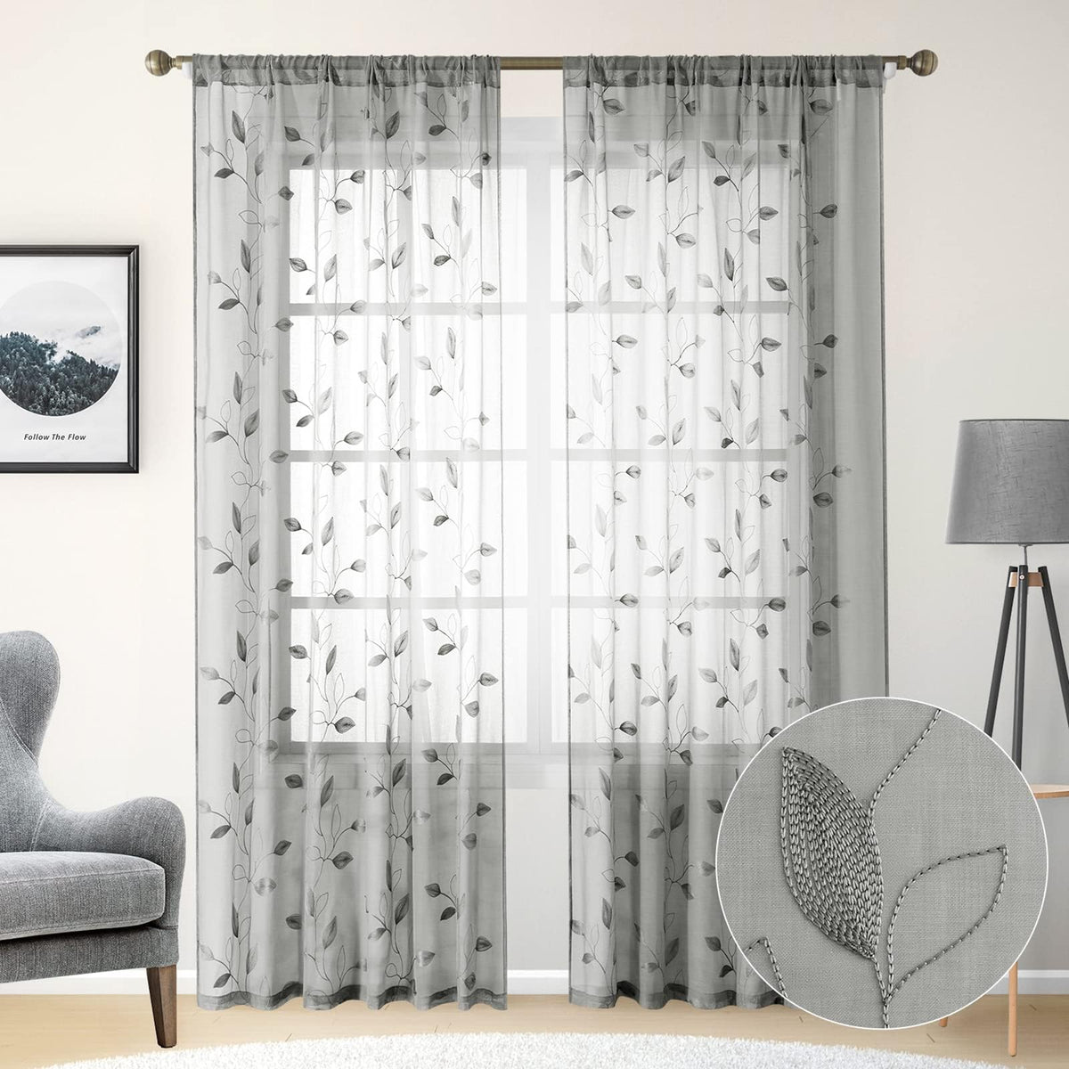 HOMEIDEAS Sage Green Sheer Curtains Leaf Embroidered, 52x84 Inch, 2 Panels