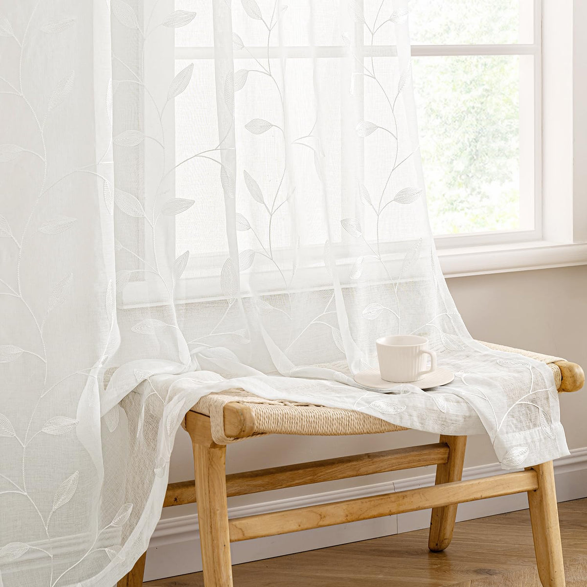 MIULEE Beige Sheer Curtains 2 Panels Embroidered Leaf Patterned, W52 x L84