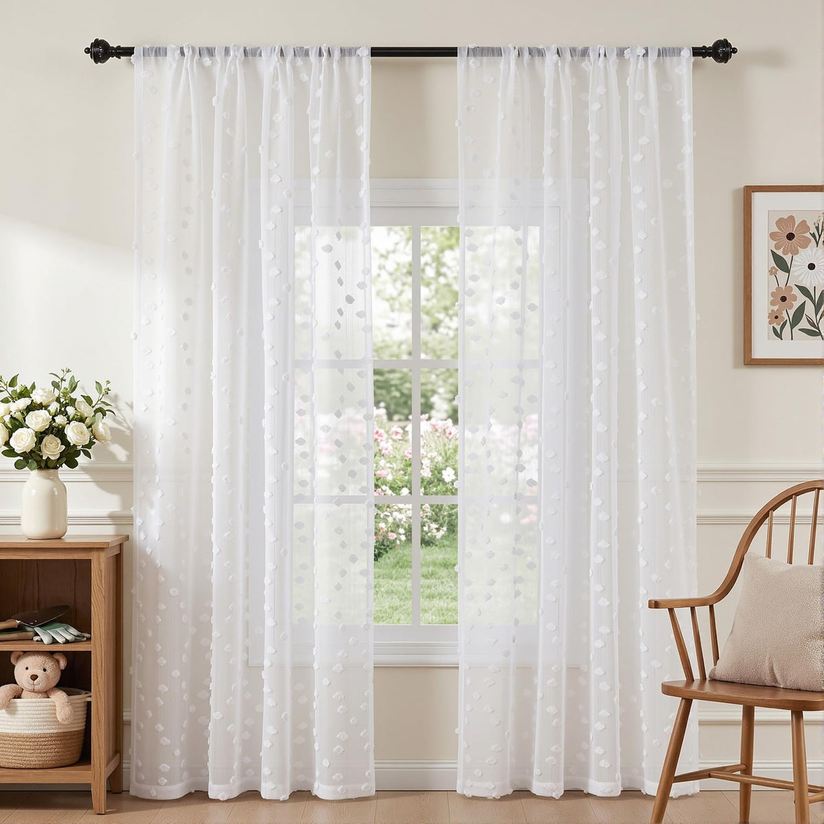 MYSKY HOME Beige Boho Sheer Curtains with Cream Pom Pom 50Wx84L,2 Panels