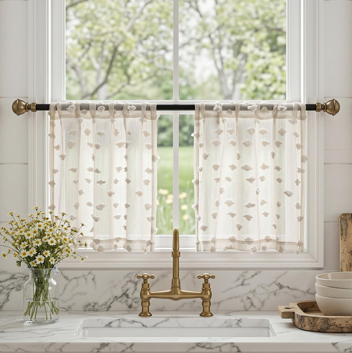 MYSKY HOME Beige Boho Sheer Curtains with Cream Pom Pom 50Wx84L,2 Panels